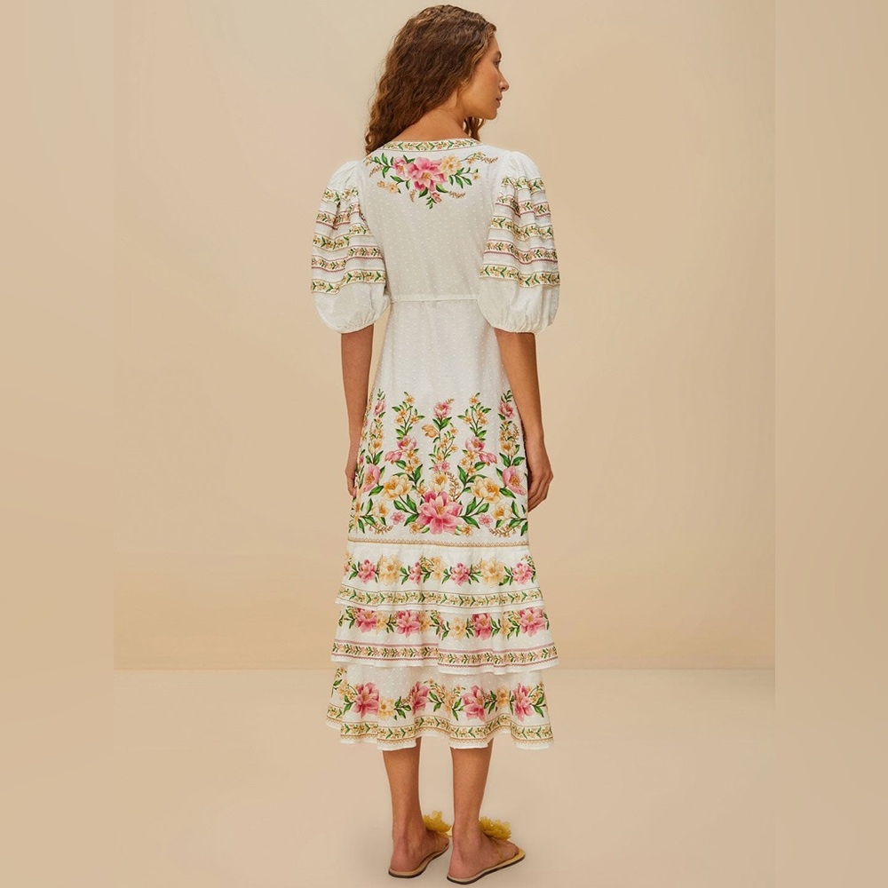FARM Rio White Midi Dress with Pink & Green Floral Embroidery - Picture 2 of 9
